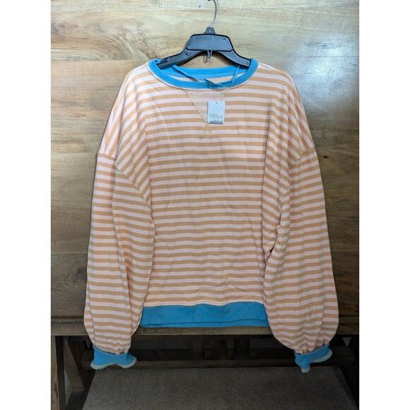 We The Free Sweatshirt Women S Pink Brown Stripe Classic Oversized Crew Neck NWT - Picture 1 of 4
